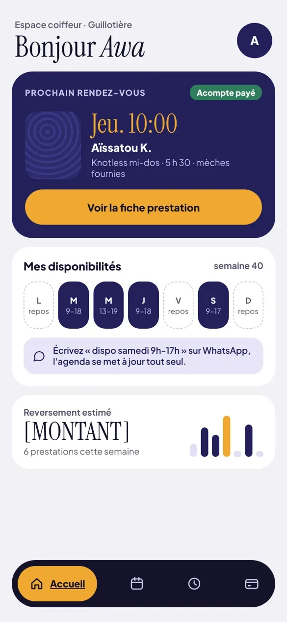 Accueil coiffeur : prochain rendez-vous et disponibilités